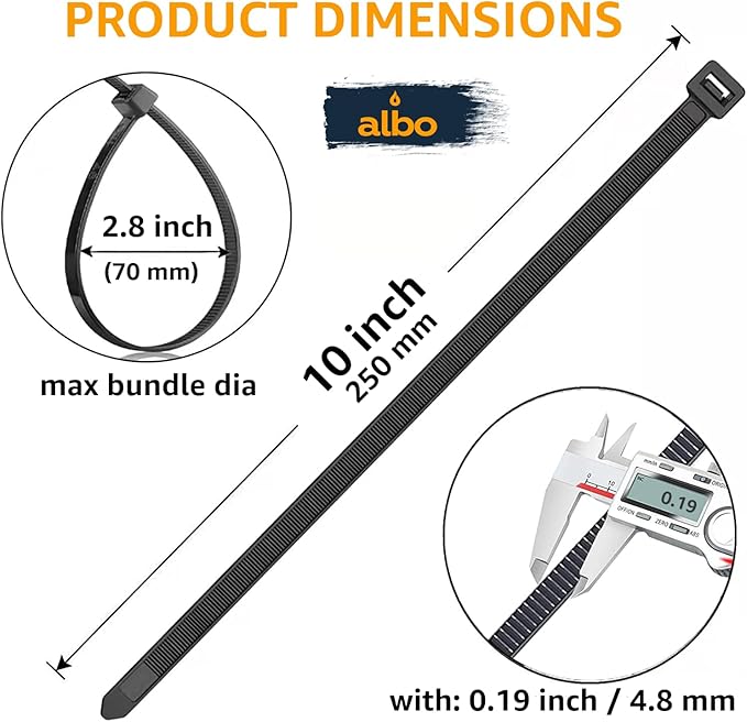 ALBO Zip Ties Black 10 Inch 5000 Pack 50 lb, Long Plastic Cable Ties Thick 0.19 Inch Tie Wraps Heavy Duty UV Resistant Nylon Wire Ties for Indoor and Outdoor