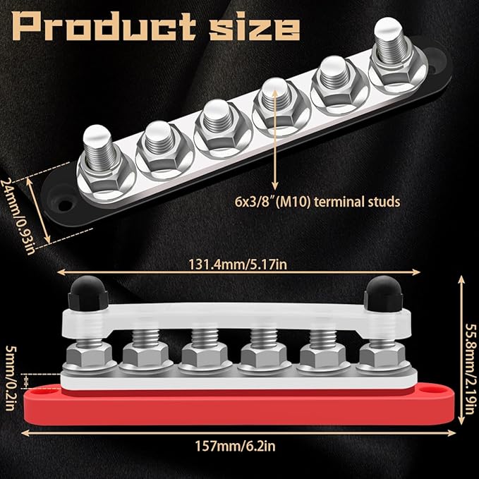 350A 12V-48V Bus Bar Marine Power Distribution Block with Cover with 6 x 3/8”Post,Battery Bus Bar (Pair,Red & Black),Automotive Busbars 12 Volt for Car Boat Solar Wiring