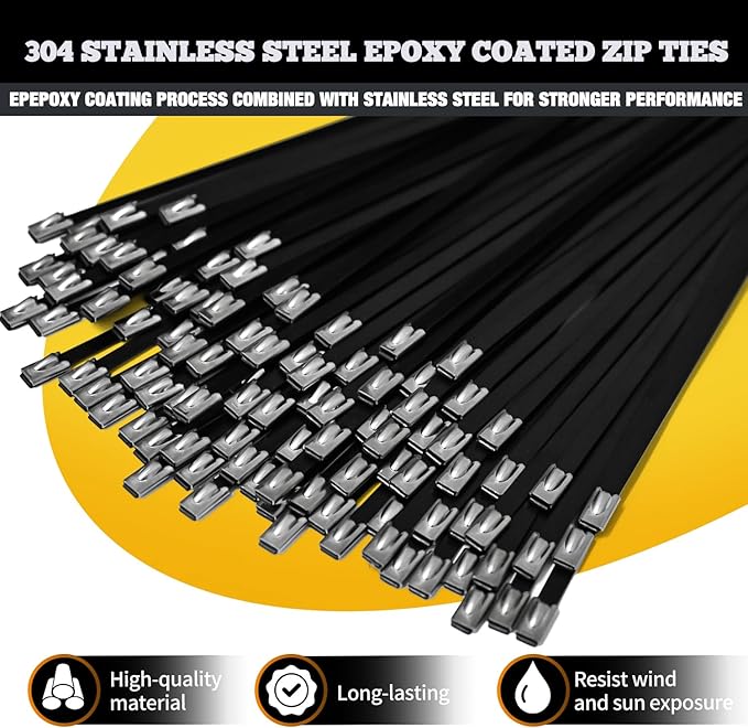 Black Metal Zip Ties Heavy Duty Outdoor 11.8 Inch 100pcs 304 Stainless Steel UV-Resistant Cable Ties for Chain Link Fence Parts, Poultry Fence Fixing & Exhaust Wrapping