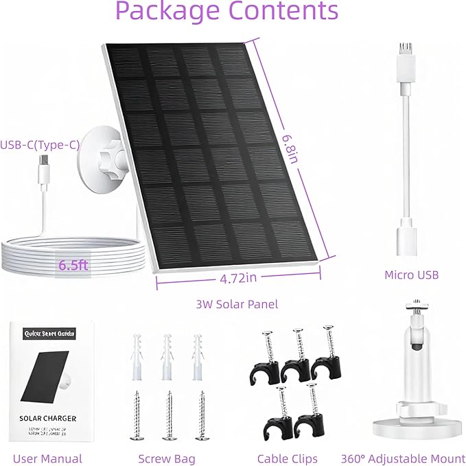Solar Panel for Security Camera Outdoor, 3W USB C Solar Panel Charger with Micro USB Port, Small Solar Panel for Bird Feeder Camera, Outdoor Camera, Rechargeable Battery Powered Camera