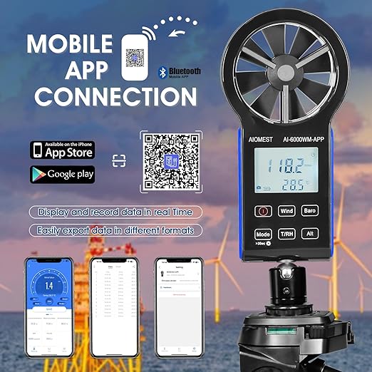 AIOMEST Anemometer Bluetooth, Handheld Wind Speed Gauge Meter w/Atmospheric Pressure, Temp, RH, Dew Point Temp, Wind Chill Measurement for Climbing Drone HVAC, AI-6000WM-APP