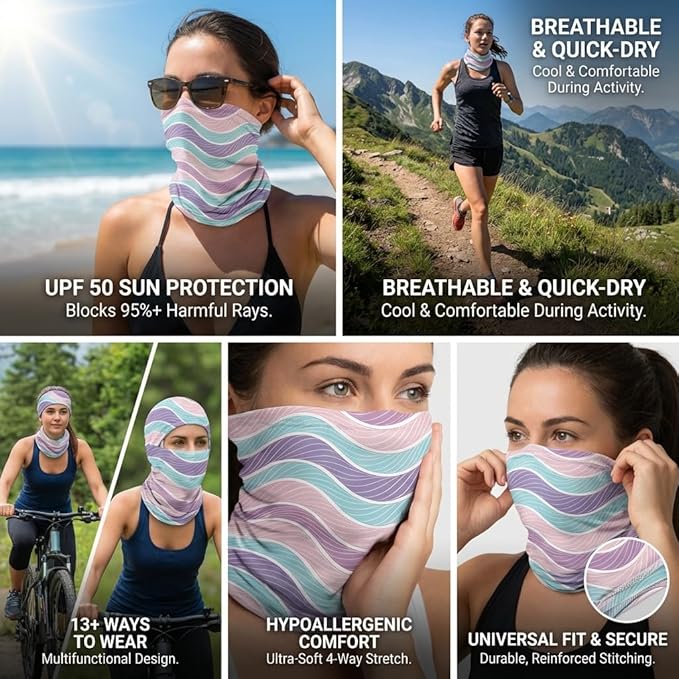 UPF 50 Sun Protection Neck Gaiter - 13-in-1 Multifunctional Face Cover for Hiking, Fishing, Cycling