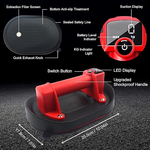 Electric Vacuum Suction Cup, Glass Suction Cup, Tile Suction Cup, Tile Tools, 573LBS Lifter with Digital Display,8H Battery Life,Auto Start Pump, Suitable for Glass,Metal,Windshield,1Pack