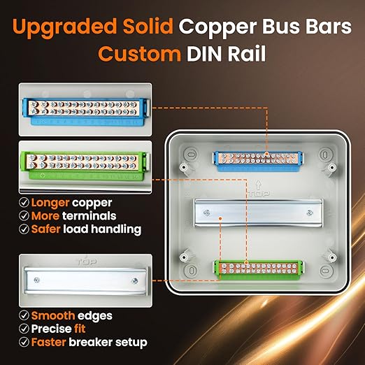 QILIPSU 9 Way DIN Rail Circuit Breaker Box UL94-V0 PC/ABS IP65 Waterproof Distribution Enclosure with Longer Bus Bars for Indoor Outdoor and Solar Use