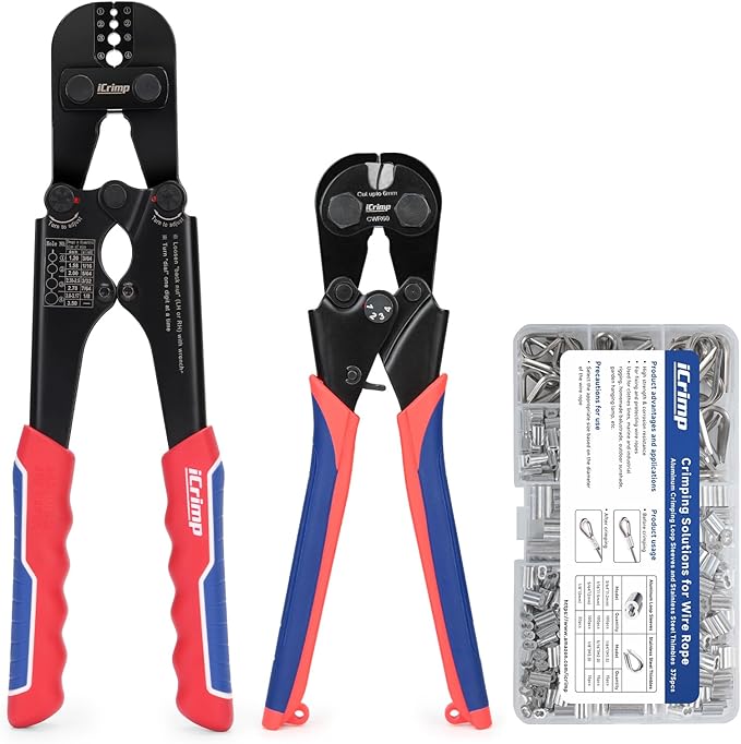 iCrimp Wire Rope Swager, 3/64-inch to 1/8-inch Wire Rope Crimping Tool with Cutter and 375pcs Sleeve Set, Fishing Crimping Tool IWS-1608M & CWR-60