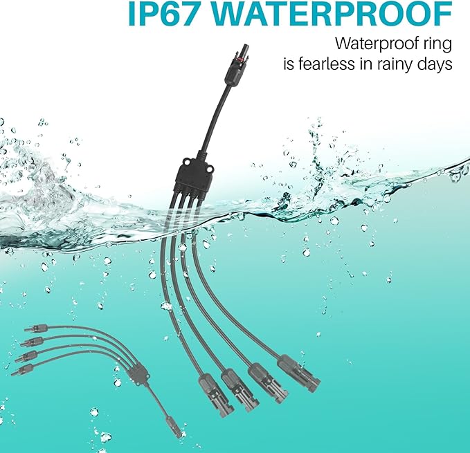 Solar Panel Connector 4 to 1 Y Branch Parallel Adapter, 30A 1000V 10AWG Tool-Free IP68 Waterproof Cable for Solar Panels (Y Branch, 4to1(1Pairs))