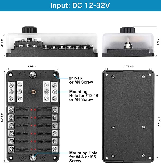 12 Volt Fuse Block, Marine Boat Fuse Block Waterproof 12 Way Automotive Fuse Box with 12 Ground Negative Busbar [100 Amp Max] [ATC/ATO Fuses] [LED Indicator] for Car RV Truck Golf Cart