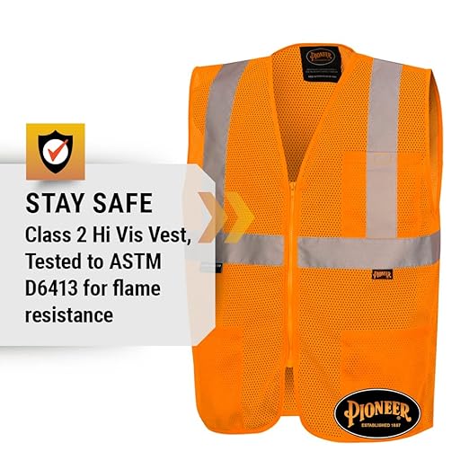 Pioneer Hi Vis Self-Extinguishing FR Safety Vest for Men & Women - Flame Resistant Mesh with Reflective Tape - Class 2