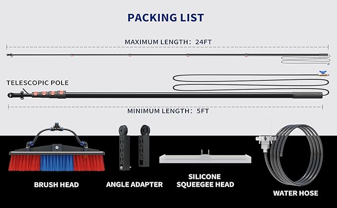 YouSJ 24FT Solar Panel Cleaning Brush & Squeegee Kit,Professional Window Washing Tool,Water Fed Pole,Roof、Window and Photovoltaic Panel Washing Cleaner Equipment Kit
