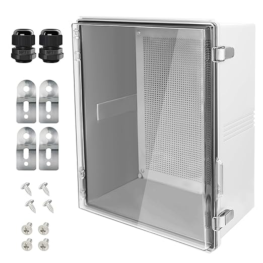 LeMotech Electrical Box, IP67 Waterproof Hinged Clear Cover Stainless Steel Latch Junction Box, ABS Plastic Electrical Enclosure with Mounting Plate,Wall Brackets, Cable Glands,17.7"x13.8"x7.9", Grey
