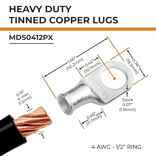 SELTERM 2pcs 4 AWG-1/2" Stud Tinned Copper Wire Lugs, Heavy Duty Battery Cable Ends,4 Guage Ring Terminals, UL Battery Lugs Marine Grade Copper Eyelets Electrical Battery Terminal Connectors