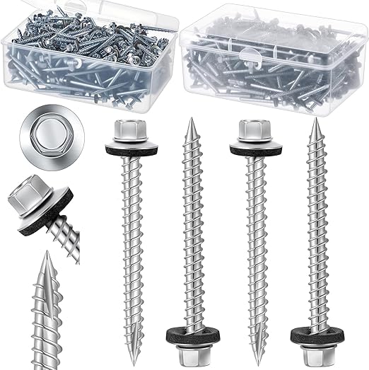 Tandefio 500 Pcs #10 x 2 Hex Head Metal Roofing Screws, Sharp Point, Galvanized, Roof Self Starting Tapping Siding Sheet with Rubber Washer Seal for Wood Panels Summer(Zinc)