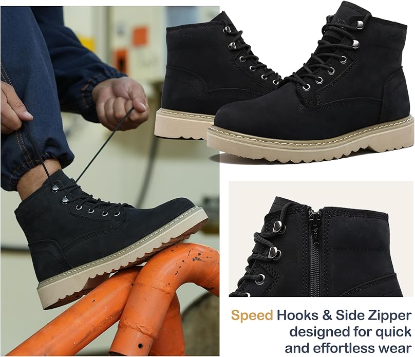 Side Zipper Soft Toe Work Boots for Men 6" with Welt Construction, Lightweight Utility Nubuck Leather Shoes, Featuring Speed Hooks, Slip & Water Resistant Mens Ankle Workboots