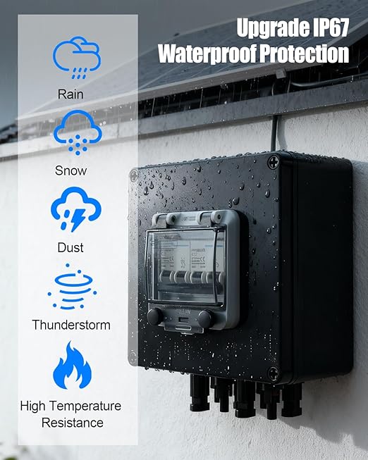 Solar Panel Disconnect Switch, 32A 1000V DC Circuit Breaker Box, 2 String PV Disconnect 2 in 2 Out, IP67 Waterproof Solar Isolator with MC4 Connectors for PV Array, Off-Grid & On-Grid Systems