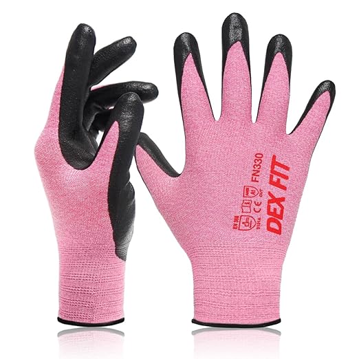 DEX FIT Nitrile Work Gloves FN330, 3D-Comfort Stretchy Fit, Firm Grip, Thin & Lightweight, Touch-Screen Compatible, Durable, Breathable & Cool, Machine Washable; Pink XL (10) 12 Pairs