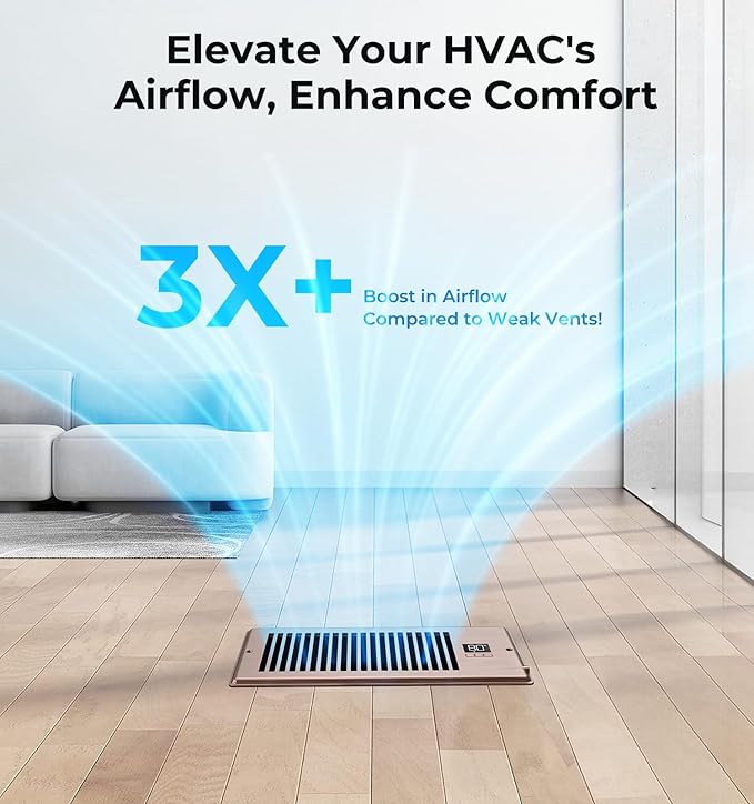 VELLEE Quiet Register Booster Fan Fits 4" x 10" (DUCT OPENING CUTOUT), 10-Speed Smart Heating Cooling AC Vent Booster Fan w/Remote Control & Thermostat Control (Vertical Grille - Bronze) - Corded
