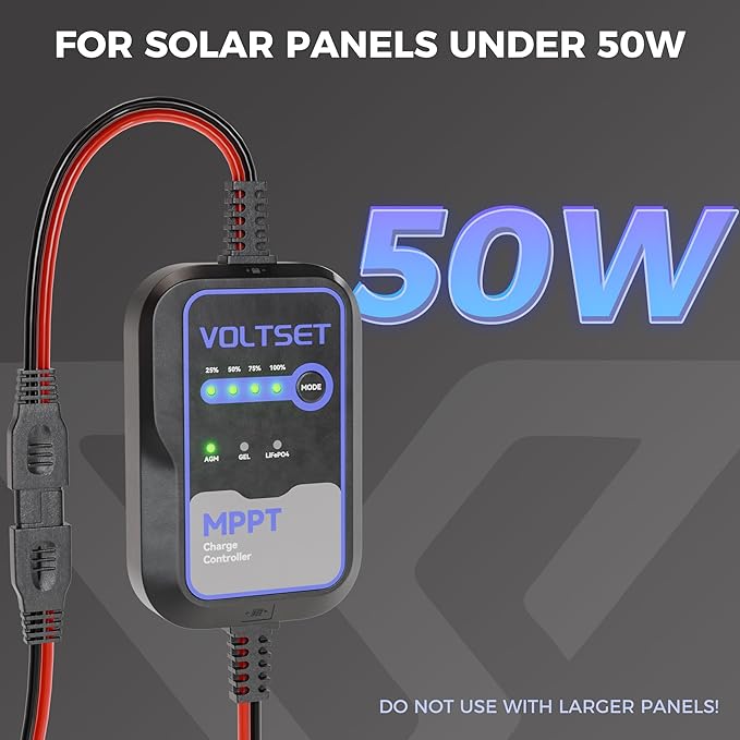 Voltset MPPT Solar Charge Controller : IP65 Waterproof - Display for Gel AGM Lead-Acid Lithium LiFePO4 Battery - Used in RV Marine Camper Van Truck Trailer (Mppt Solar Charge Controller use Below 50W)