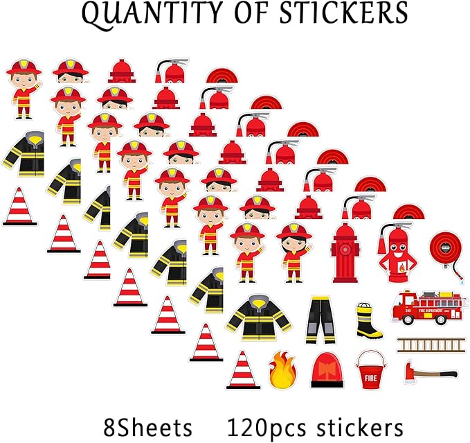 120PCS Fire Truck Stickers For Boys And Girls, Fire Engine Rescue Themed Stickers For Firetruck Birthday Party Supplies, Waterproof Firemen Sticker Packs For Notebook, Water Bottle, Teaching Board