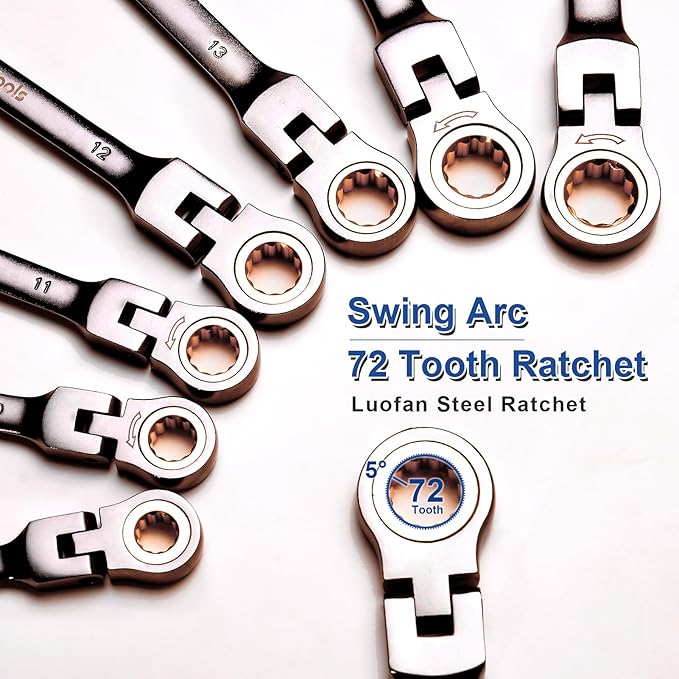 19mm Flex-Head Ratcheting Combination Wrench, Metric Standard, 72-Tooth 12-Point Ratchet Box End & Open-End Spanner, CR-V Steel, Nickel-Plated for Durability