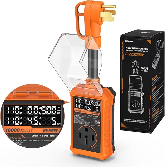 Kohree RV Surge Protector 50 Amp, RV Power Surge Voltage Protection, RV Adapter Plug with Real-Time Circuit Analyzer Smart Auto Shut Off LED Large Screen for Travel Trailers Camper, 50A 16000J-Orange
