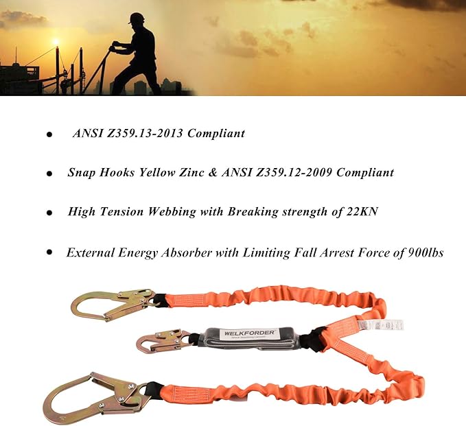 3D-Rings Industrial Fall Protection Safety Harness Kit With Double Leg 6-Foot Shock Absorber Stretch Lanyard ANSI Compliant Personal Fall Arrest System(PFAS)