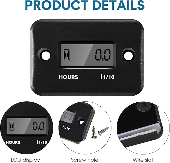 2 Pieces Inductive Hour Meter for Gas Engine Lawn Mower Dirt Bike Motorcycle Motocross Snowmobile Karting Marine ATV Boat Outboard Motor Generator Waterproof Hour Meters (Black)