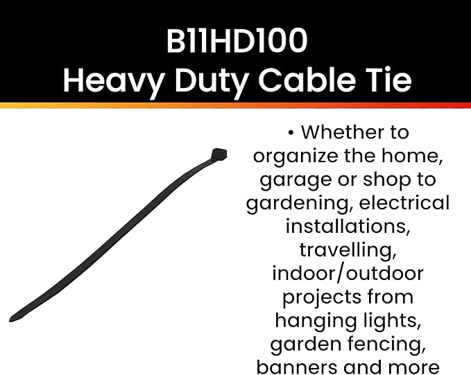 Pro Tie Heavy Duty Cable Ties, Self-Locking Nylon Cable Wire Ties for Indoor and Outdoor Use | 11.9-Inch, 120 lbs. Tensile Strength, UV Black Nylon, 100-Pack (PN: B11HD100)