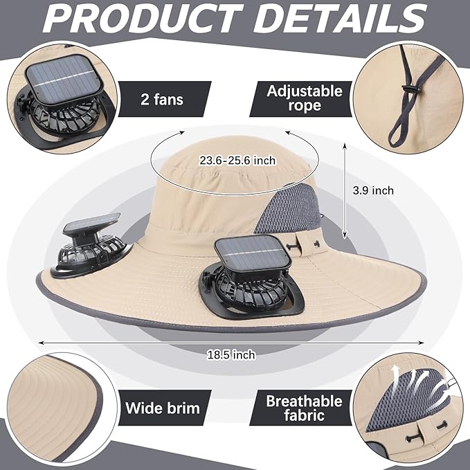 2 Pcs Solar Fan Hats Wide Brim Fishing Hats with 2 Solar Fan and Removable Face Cover Cooling Buckets for Men Women
