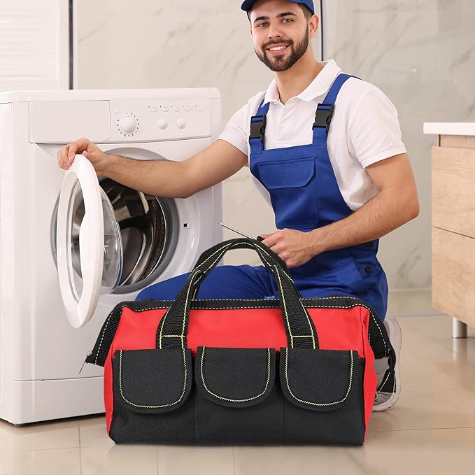Sanwuta 3 Pack Tool Bag for Men with Waterproof Hard Bottom, Heavy Duty Tool Bag Wide Mouth Tote for Various Instrument, Electrician Carpenter Mechanic(Red,13 Inch,Classic)