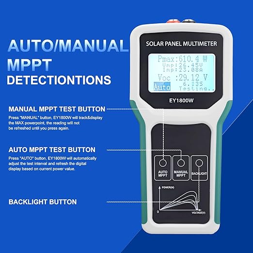 1800W Solar Panel Tester: MPPT Smart Photovoltaic Multimeter - Portable Solar Meter - Clear LCD Display - Measures Power Output - Open Circuit Voltage - Ideal for PV System Troubleshooting