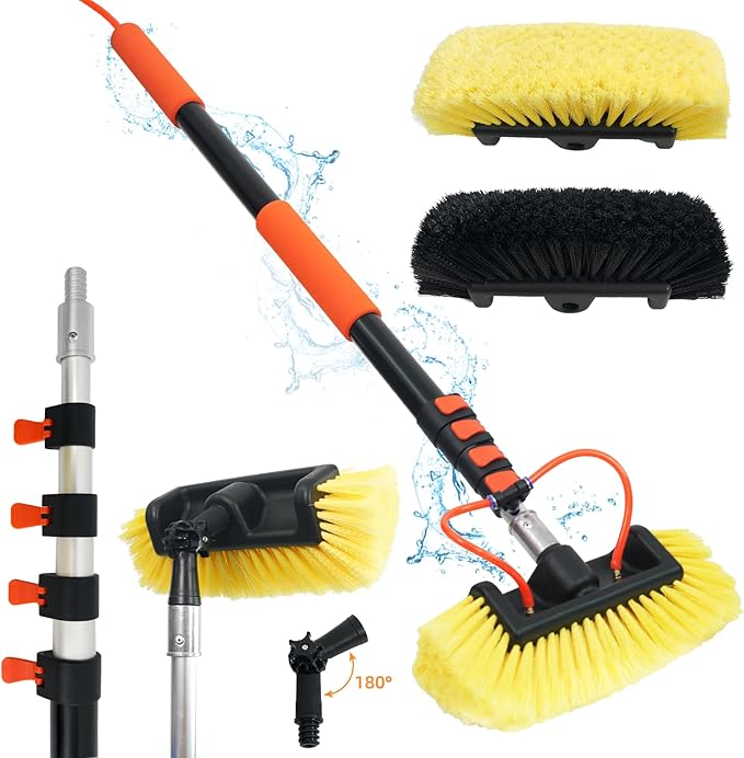 20FT Car Wash Brush with Long Handle Hose Attachment Telescopic Pole with Angle Adapter 12" Soft and Hard Bristle Cleaning Brush for Car Truck RV House Floor Window Roof Pool Solar Panels