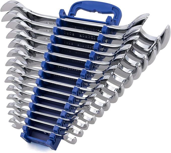14-Piece Premium Angle Head Open End Wrench Set, Chrome Vanadium Steel | Include Standard Inch Sizes 3/8, 7/16, 1/2, 9/16, 5/8, 11/16, 3/4, 13/16, 7/8, 15/16, 1, 1-1/16, 1-1/8, 1-1/4 with Storage Rack