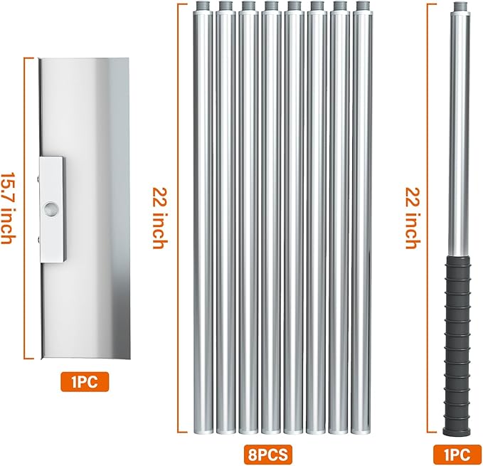 Stainless Steel Roof Rake: 2-16.5 FT Extendable, All-Stainless Construction (Head & Pole), Heavy-Duty & Durable,, Anti-Slip Grip