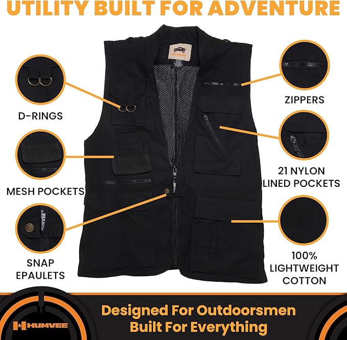 Humvee Utility Vest with 21 Pockets -Travel, Safari, Hunting, Camping, 100% Cotton, Tactical Jacket for Men & Women