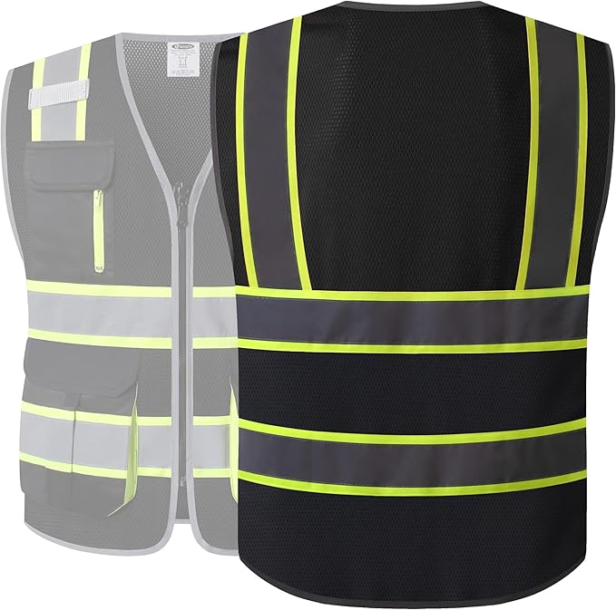 JKSafety 9 Pockets Hi-Vis Mesh Safety Vest for men and women | Chaleco reflectante de seguridad | Zipper Front | Multiple Pockets | Class 1 (140-Black XL)