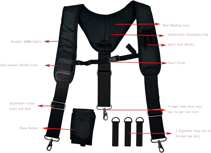 Padded Tool Belt Suspenders 3 Hook Swivel Suspenders for Tool Belt Heavy Duty Work Suspenders