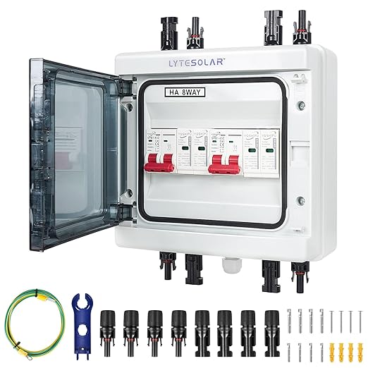 2 String 500V PV Combiner Box 2 in 2 Out, Dual String 63A DC Circuit Breaker with Solar Disconnect Function, Surge Protection, IP65 Weather-Resistant Enclosure