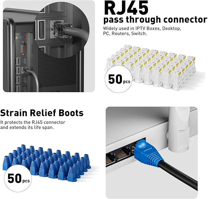 Ethernet Crimping Tool Kit RJ45 Crimp Tools,CAT5 Cat5e Cat6 RJ45 Crimping Tool Kit With Cable Tester, Multiply Stripper, Blades,50Pcs Cat 6 Pass Through Connectors and Strain Relief Boots