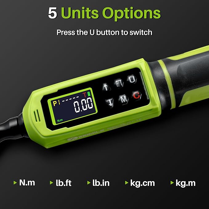 Digital Torque Wrench 3/8"Drive-0.66-44.25Ft.Lb, 0.9-60N.m, Electric Torque Wrench With Vibration Buzzer LED Indicator, ±2% Accuracy Five Units for Bike Motorcycle Car Auto Repair,Green Black