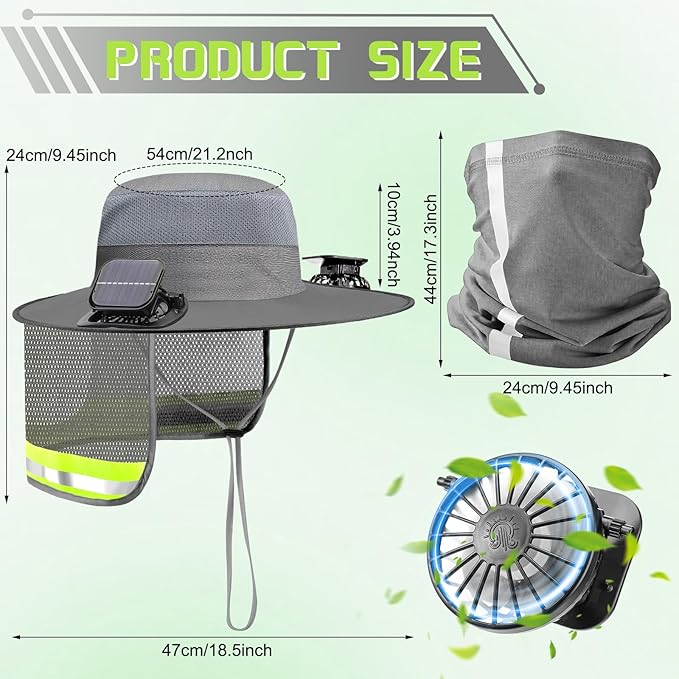 Solar Fan Hat for Men Women Sun Wide Brim Fishing Hat with Dual Power Ice Silk Neck Cover Reflective Design