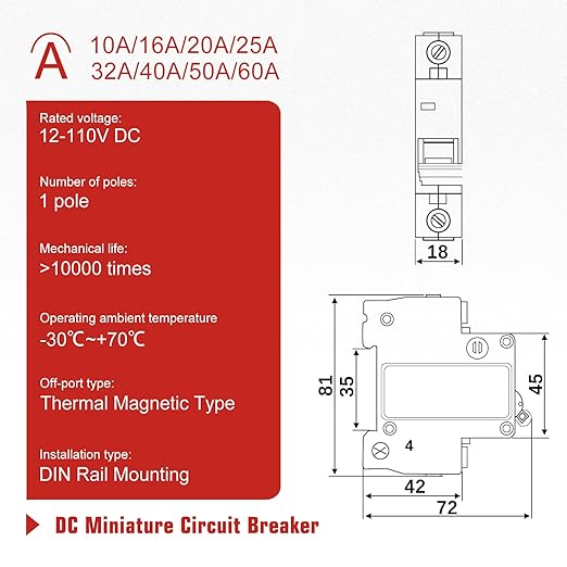 Miniature Circuit Breakers DC 12-110V, 6A 1Pole Circuit Breaker for Solar Photovoltaic Systems, Battery Power Systems, DIN Rail Mount DC Disconnect Switch (1P-6A)