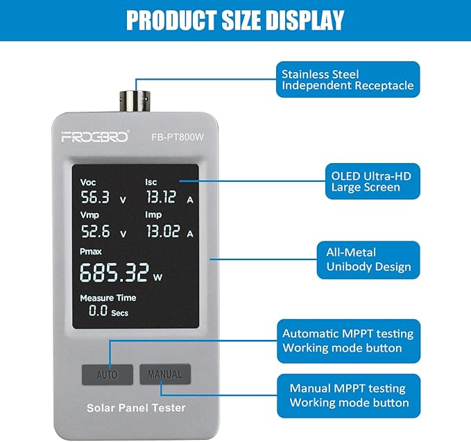 FrogBro 800W Solar Panel Tester – PV Multimeter with Smart MPPT & HD OLED Display for Solar Panel Diagnostics and Data Analysis