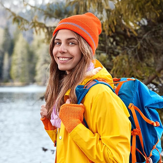 2Pcs Reflective Orange Beanie Unisex, Reflective Winter Hat for Work Running, Safety Beanies Hats Men, Warm and Cozy Knit Cap Headwear