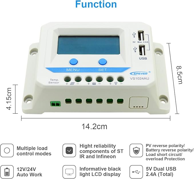 EPEVER Solar Charge Controller 10A 12V/24V with Dual USB Ports Output PWM Solar Panel Battery Charging Regulator LCD Display for Solar System (10A)