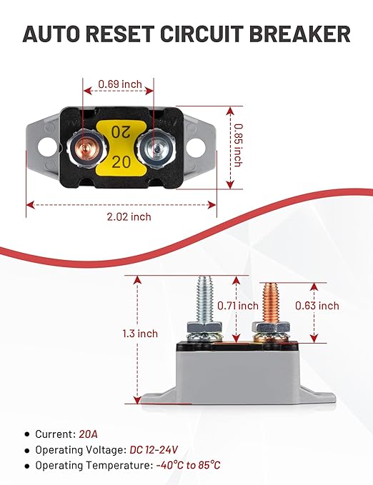 RED WOLF 20Amp Automatic Reset Circuit Breaker with Cover, DC 12V-24V Nylon Insulated & Anti-Rust Stud Type for Automotive Truck Camper RVs Solar Battery Chargers 1pcs