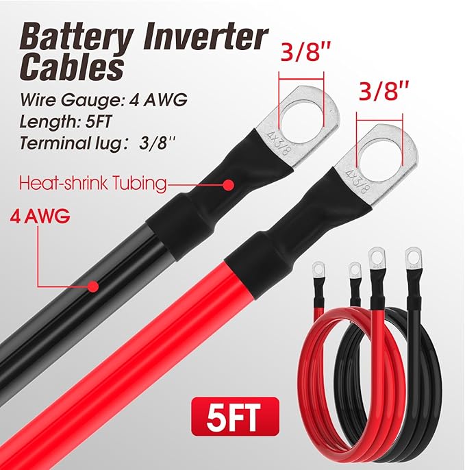 4 AWG Battery Cable 4AWG Gauge Battery Inverter Cables for Automotive Solar Marine Boat RV Car Motorcycle (4 AWG, 5FT, 3/8")