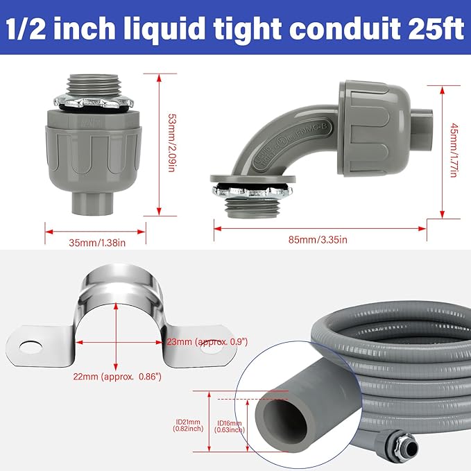 Liquid Tight Flexible Conduit and Connector Kit,Flexible non-metallic Liquid Tight Electrical Conduit Kit,Waterproof Nonmetallic Electrical Wiring conduit,with 2Straight/2Angle Fitting/5Clamp