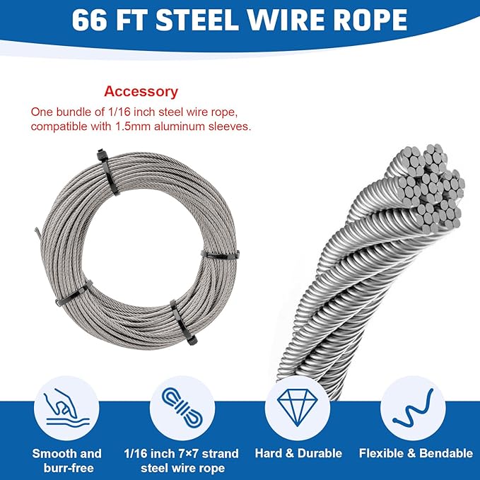 66ft Wire Rope Crimping Tool, 1/16In Stainless Steel Wire Rope Kit, Steel Cable Crimping Tool up to 2.2mm with 150pcs Aluminum Crimp Sleeve for Railing, Crafts Cables Wires and Marine Fishing Lines