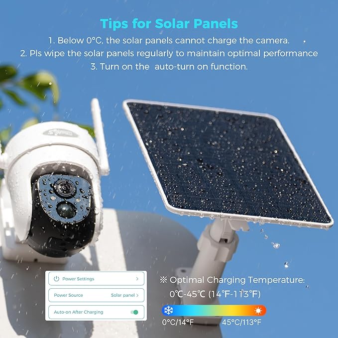 5V 8W Solar Panel for Security Camera, For Bird Feeder, 4G AOV Trail Cam, Ring Tapo Eufy Vicohome Eseecloud, Native USB-C, Micro-USB & DC 3.5mm*1.35mm, 23% Conversion, 9.8 Ft, 180 Days Exchange Policy