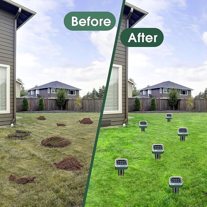 Mole Repellent Solar Powered, Ultrasonic Repeller 4-Pack, Waterproof Sonic Spikes Gopher Vole Groundhog Snake Chipmunk Mole Deterrent Get Rid of Moles in Your Yard (4)